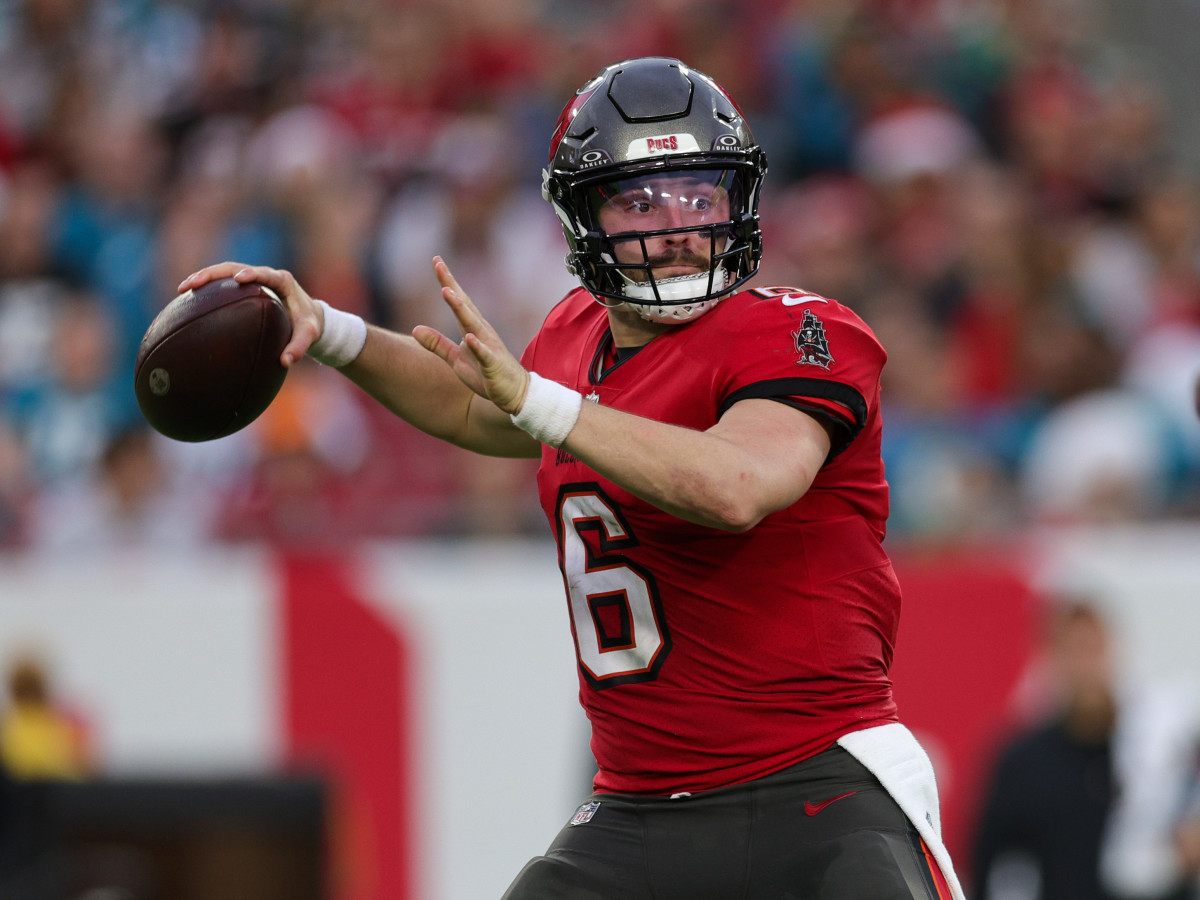Dec 24, 2023; Tampa, Florida, USA; Tampa Bay Buccaneers quarterback Baker Mayfield (6) drops back to pass against the Jacksonville Jaguars in the second quarter at Raymond James Stadium. Mandatory Credit: Nathan Ray Seebeck-USA TODAY Sports
